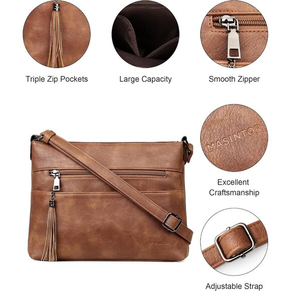 🆕Women Mocha Brown Leather Crossbody Bag Tassel Medium Purse Shoulder Handbag - Picture 5 of 9